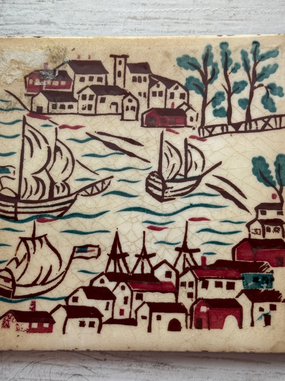 Wheeling Hand-Painted Ceramic Tile Panel with Harbor Motif - White Teal Burgundy
